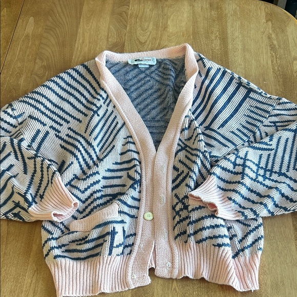 Vintage Sweaters - Chic Pink and Blue Patterned Cardigan